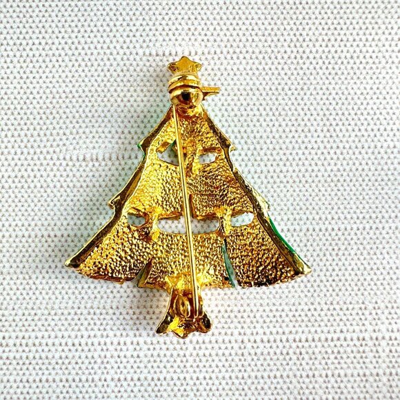 Vintage Christmas Tree Brooch Green & Red Enamel W/ Clear Rhinestone Star Topper - Picture 6 of 11
